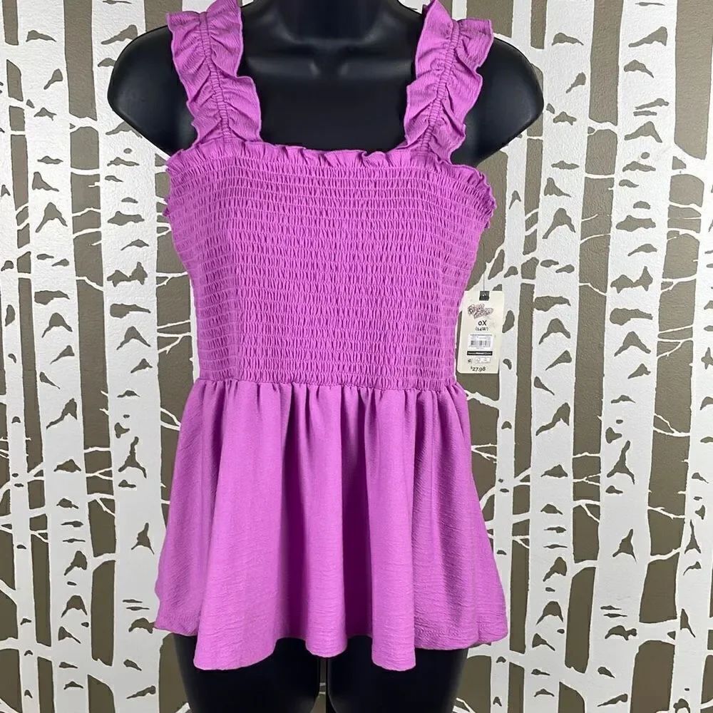 Terra & Sky Smocked Crop Peplum Tank Top 0X (14W) Purple